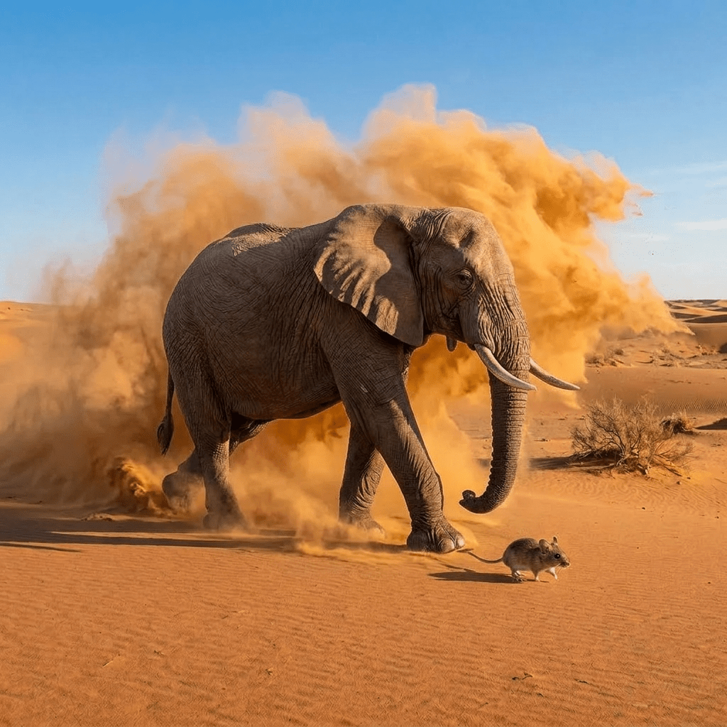 An elephant walking near a small mouse in a desert with sand dunes and sparse vegetation
